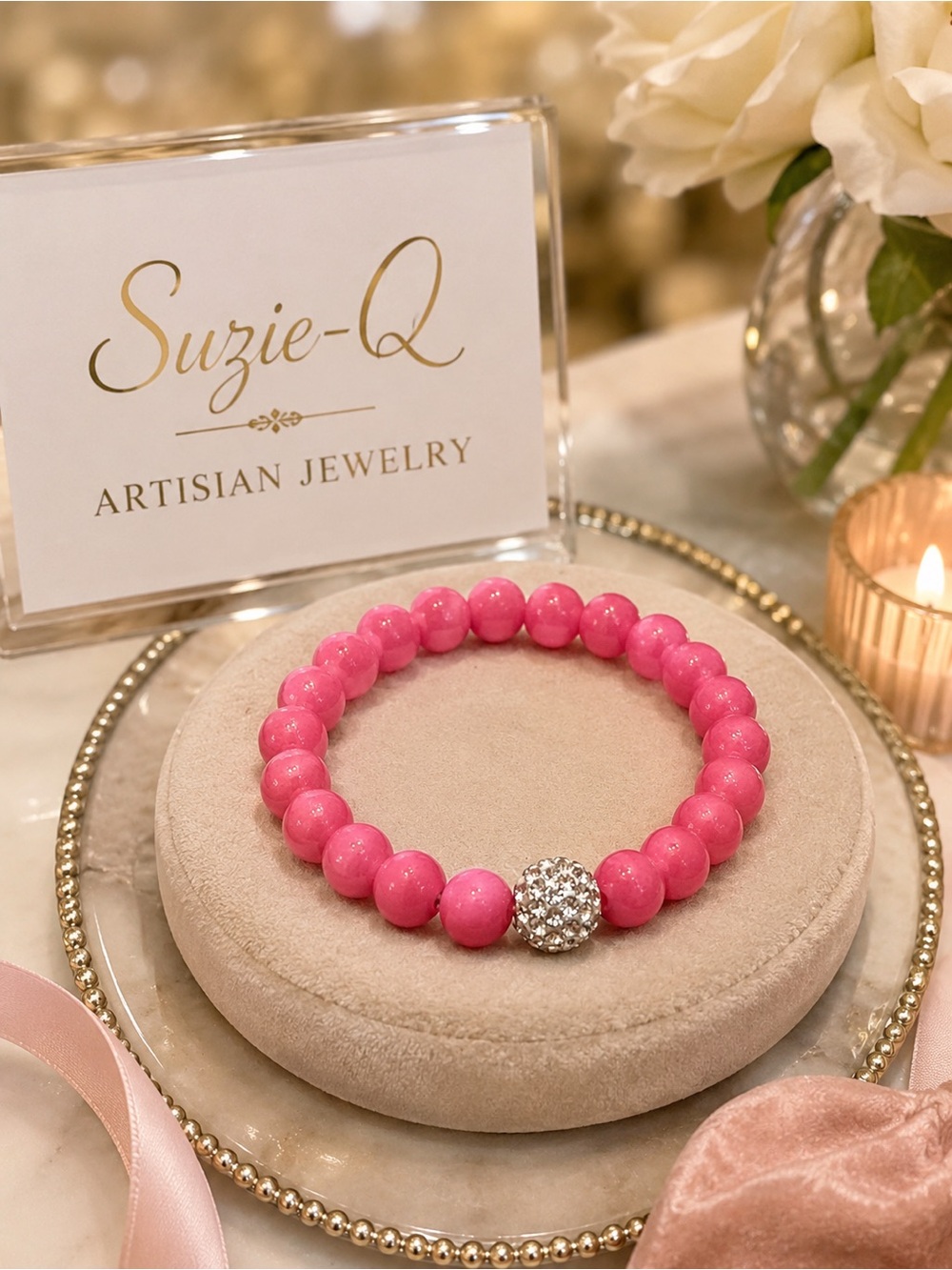Suzie-Q Artisan Jewelry Pink Rhinestone Handmade Statement Bracelet